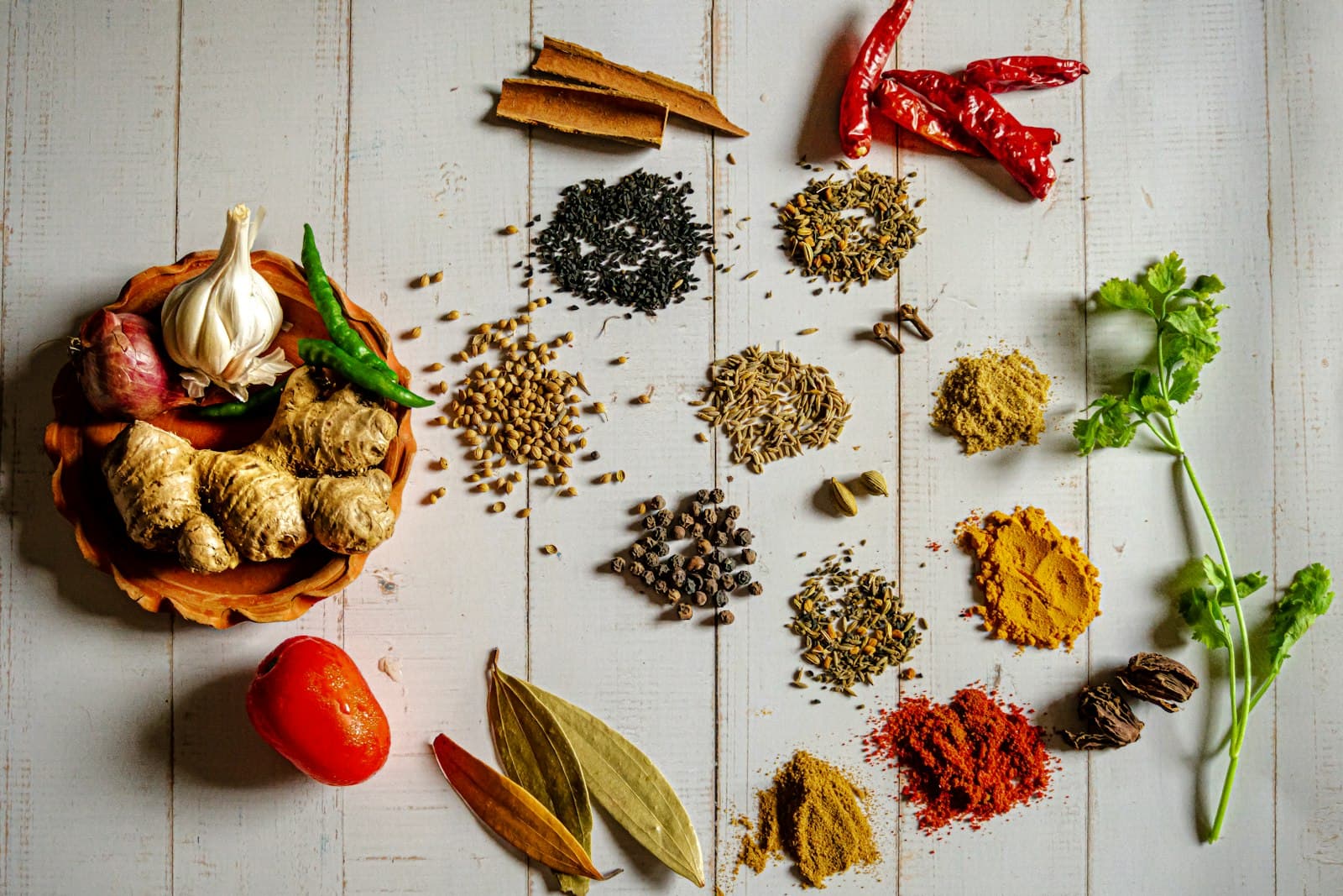 Assorted Indonesian spices including ginger and turmeric powder