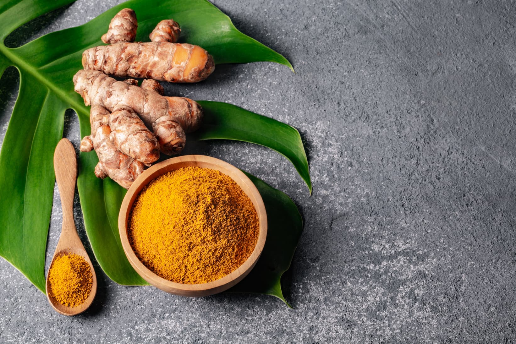 Indonesian turmeric roots and turmeric powder in a wooden bowl